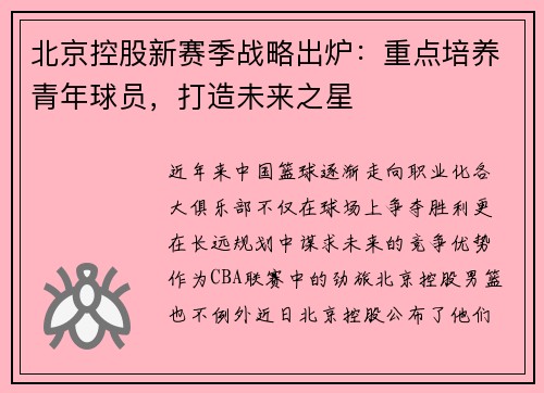 北京控股新赛季战略出炉：重点培养青年球员，打造未来之星